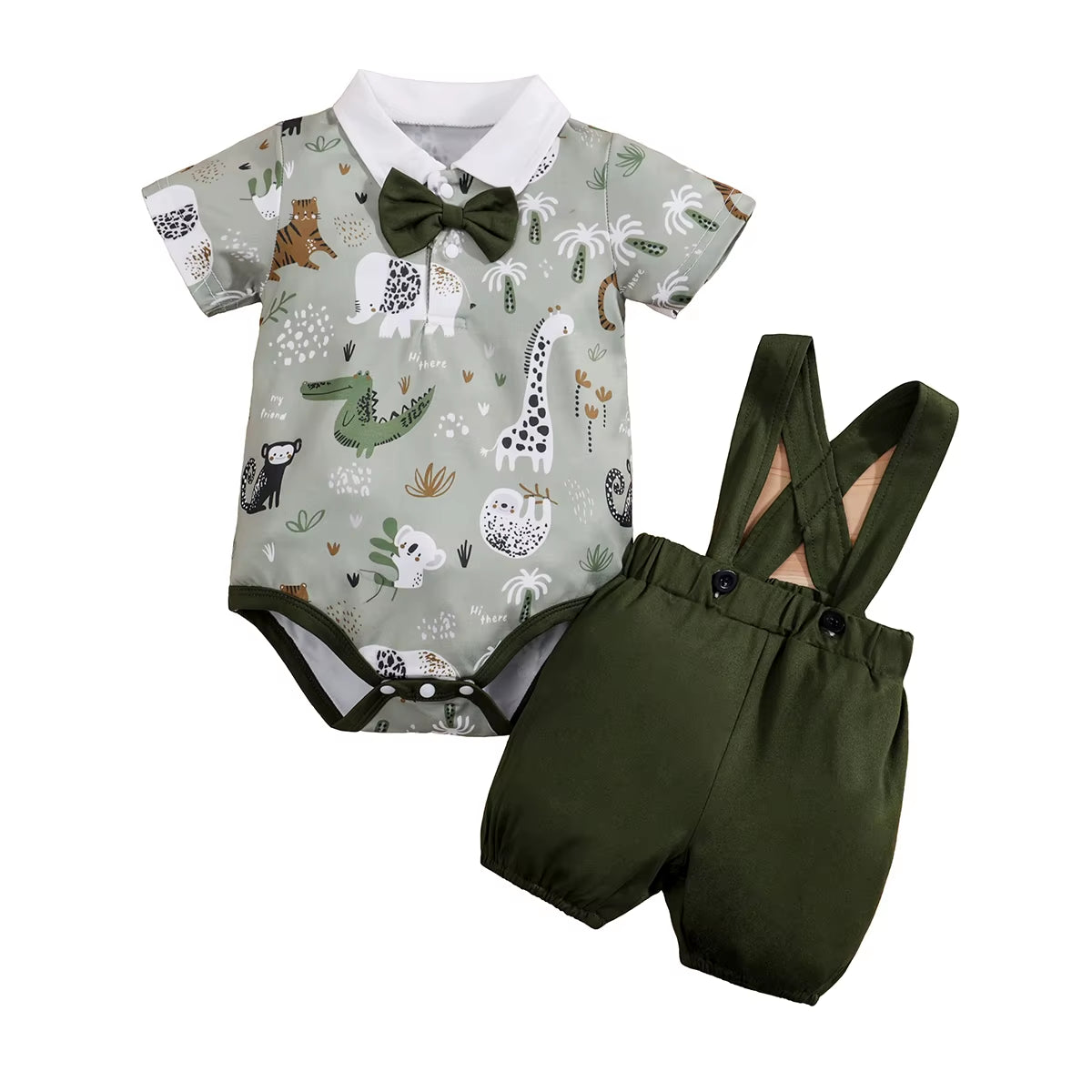 2PCS  Newborn Baby Boys Clothes Set Infant Short Sleeve Gentleman Overall Bodysuit Romper Suspenders Pants Outfits 0-18M