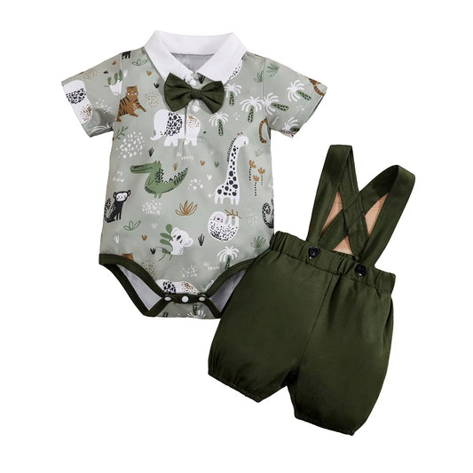 2PCS  Newborn Baby Boys Clothes Set Infant Short Sleeve Gentleman Overall Bodysuit Romper Suspenders Pants Outfits 0-18M